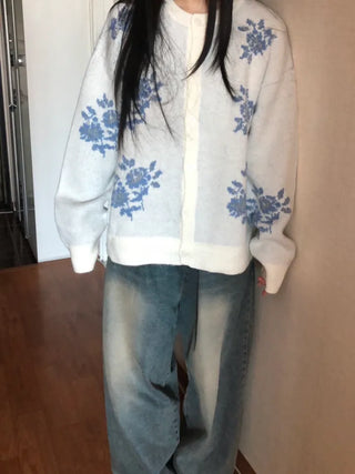 Vintage Floral Embroidery Jacquard Knit Cardigan Mohair Knit Boucle Knit