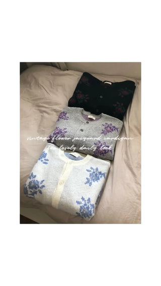 Vintage Floral Embroidery Jacquard Knit Cardigan Mohair Knit Boucle Knit