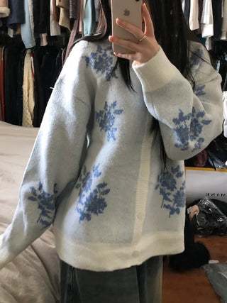 Vintage Floral Embroidery Jacquard Knit Cardigan Mohair Knit Boucle Knit