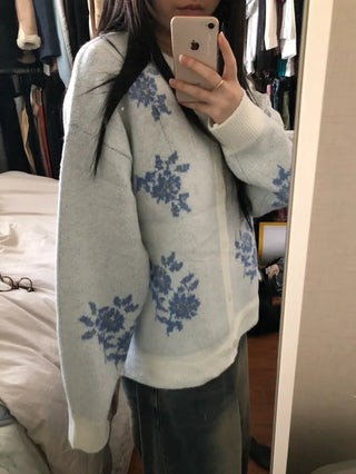 Vintage Floral Embroidery Jacquard Knit Cardigan Mohair Knit Boucle Knit