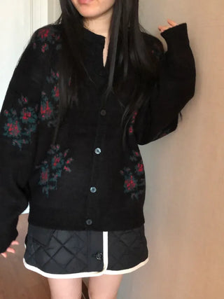 Vintage Floral Embroidery Jacquard Knit Cardigan Mohair Knit Boucle Knit