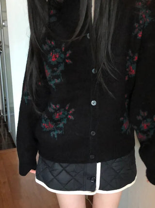 Vintage Floral Embroidery Jacquard Knit Cardigan Mohair Knit Boucle Knit