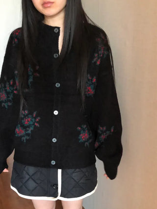 Vintage Floral Embroidery Jacquard Knit Cardigan Mohair Knit Boucle Knit