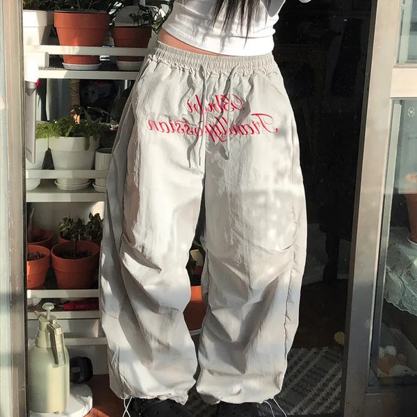 Lettering Nylon Elastic Wide String Pants