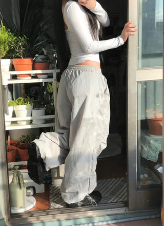 Lettering Nylon Elastic Wide String Pants