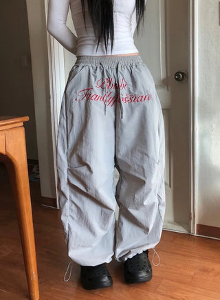 Lettering Nylon Elastic Wide String Pants
