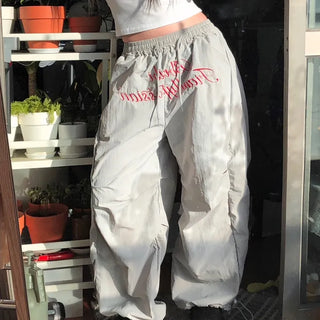 Lettering Nylon Elastic Wide String Pants