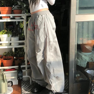 Lettering Nylon Elastic Wide String Pants