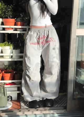 Lettering Nylon Elastic Wide String Pants