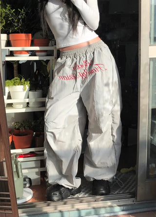 Lettering Nylon Elastic Wide String Pants