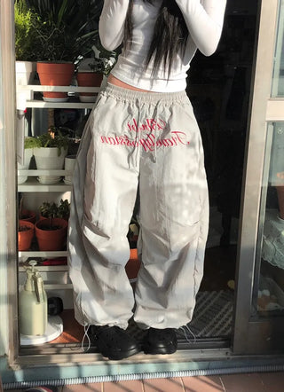 Lettering Nylon Elastic Wide String Pants