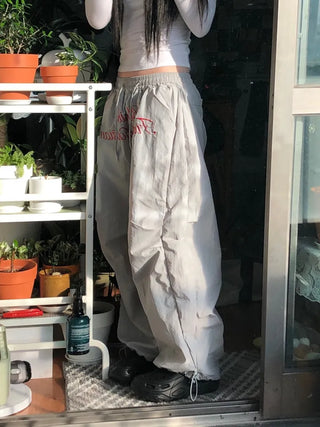 Lettering Nylon Elastic Wide String Pants