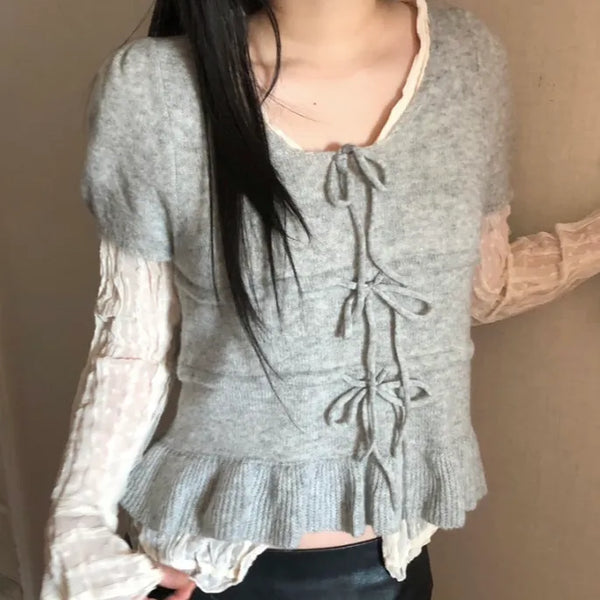 Ribbon frill puff short sleeve knit