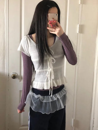 Ribbon frill puff short sleeve knit