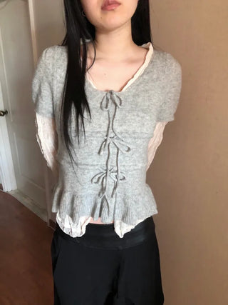 Ribbon frill puff short sleeve knit