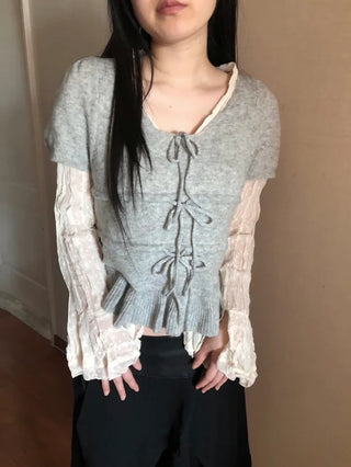 Ribbon frill puff short sleeve knit