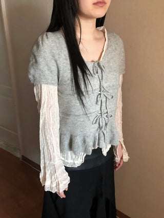 Ribbon frill puff short sleeve knit