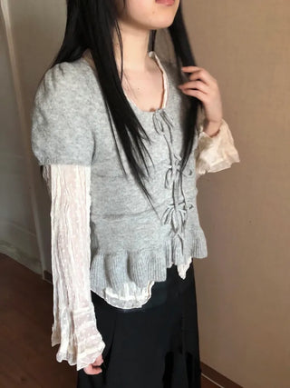 Ribbon frill puff short sleeve knit
