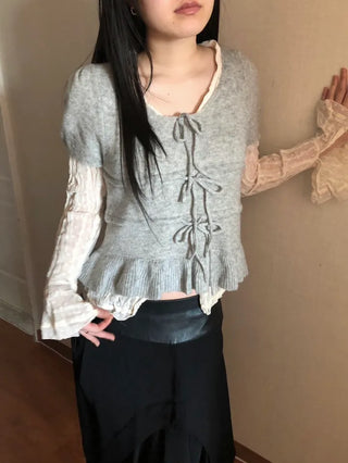 Ribbon frill puff short sleeve knit