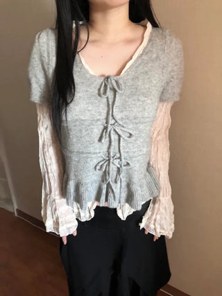 Ribbon frill puff short sleeve knit