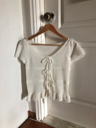 Ribbon frill puff short sleeve knit