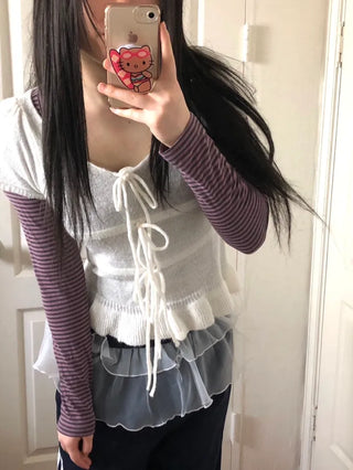 Ribbon frill puff short sleeve knit