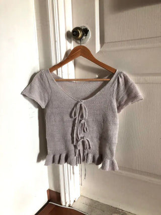 Ribbon frill puff short sleeve knit