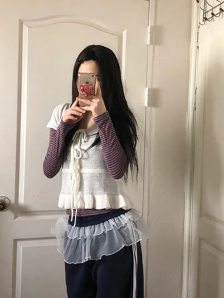 Ribbon frill puff short sleeve knit