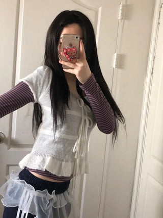 Ribbon frill puff short sleeve knit