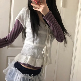 Ribbon frill puff short sleeve knit