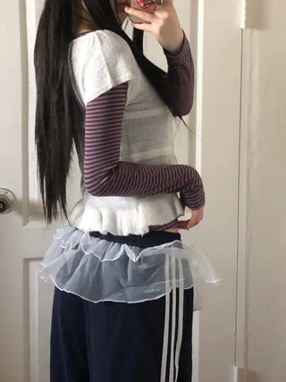 Ribbon frill puff short sleeve knit