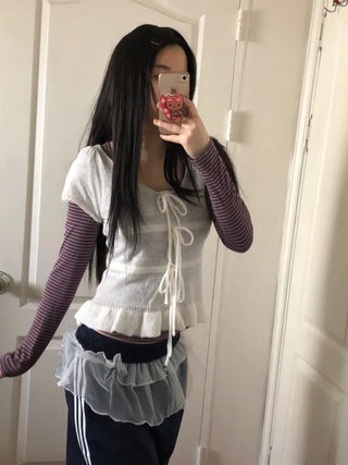 Ribbon frill puff short sleeve knit