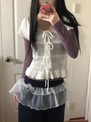 Ribbon frill puff short sleeve knit