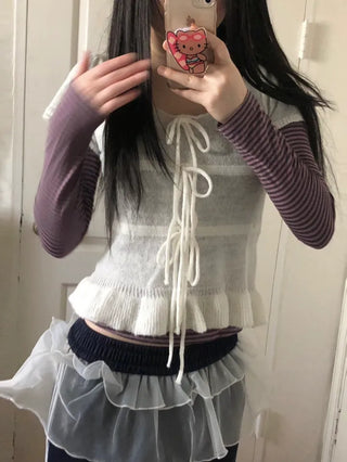 Ribbon frill puff short sleeve knit