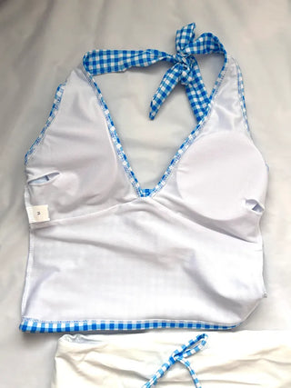 Halterneck Check Color Block Bikini Cover-up Set