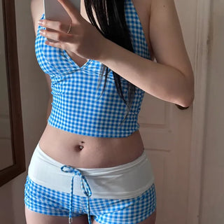 Halterneck Check Color Block Bikini Cover-up Set