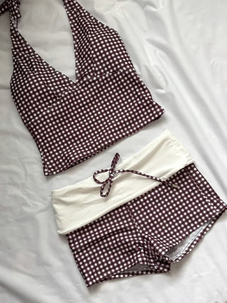 Halterneck Check Color Block Bikini Cover-up Set