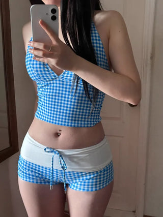 Halterneck Check Color Block Bikini Cover-up Set