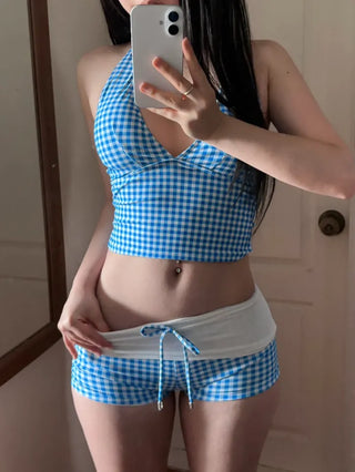 Halterneck Check Color Block Bikini Cover-up Set