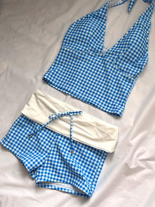 Halterneck Check Color Block Bikini Cover-up Set