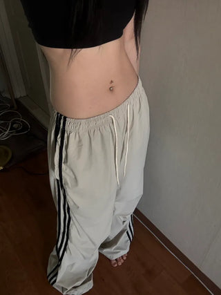 Nylon Three-Stripe Taping Wide Training String Pants