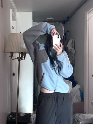 Raw Color Block Fleece Zip-up Hoodie