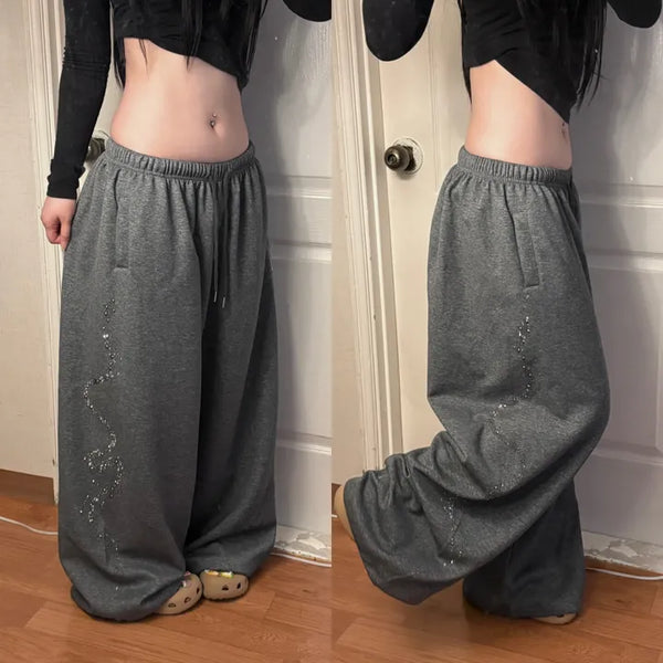 Side Cubic Stone Wide String Training Pants