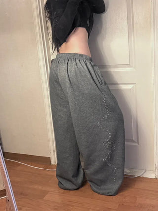 Side Cubic Stone Wide String Training Pants