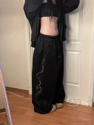 Side Cubic Stone Wide String Training Pants