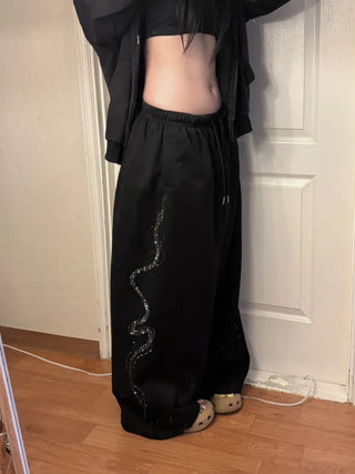 Side Cubic Stone Wide String Training Pants