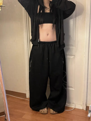 Side Cubic Stone Wide String Training Pants