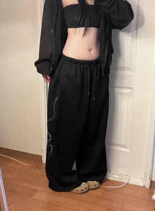 Side Cubic Stone Wide String Training Pants