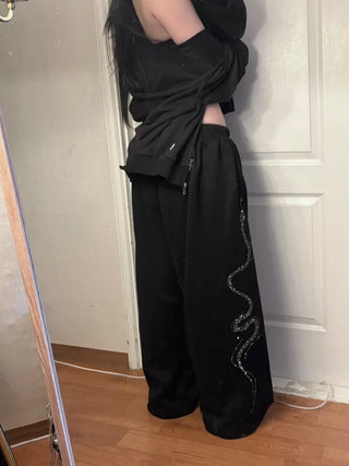 Side Cubic Stone Wide String Training Pants