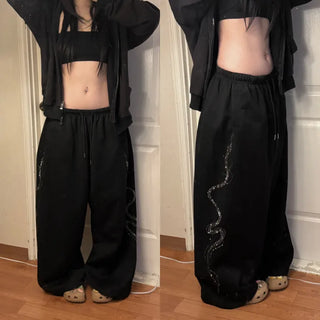 Side Cubic Stone Wide String Training Pants